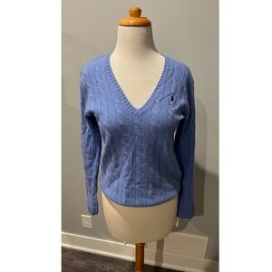 Polo Ralph Lauren Wool Cashmere Cable Knit V-Neck Sweater Blue Womens M